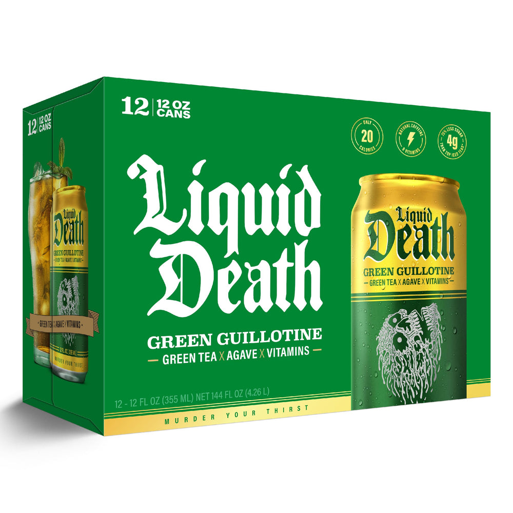 Liquid Death Green Guillotine traditional green tea flavor on ingredient label.