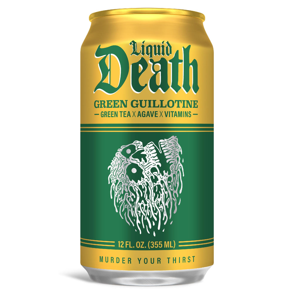 Liquid Death Green Guillotine caffeine label highlights natural energy boost.