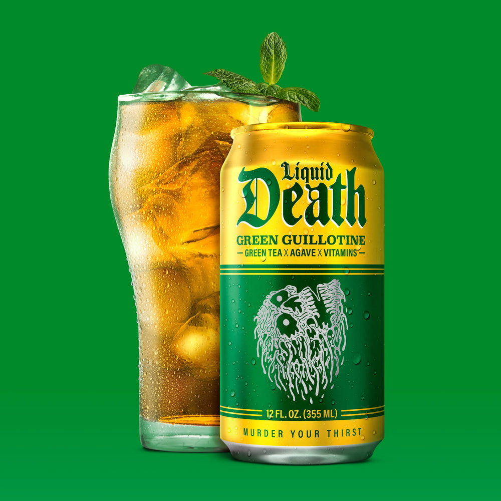 Liquid Death Green Guillotine no artificial sweeteners for clean flavor.