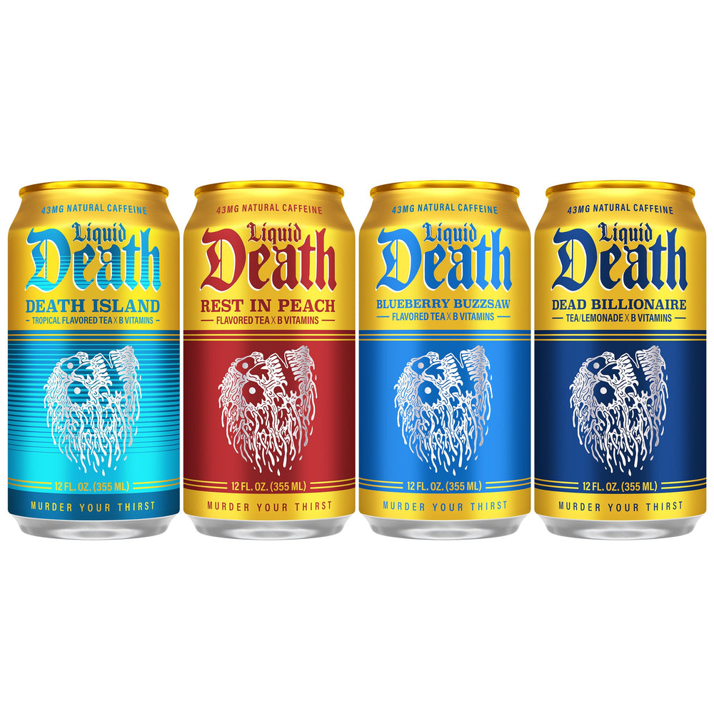 Liquid Death close-up can label highlighting flavor and low sugar benefits