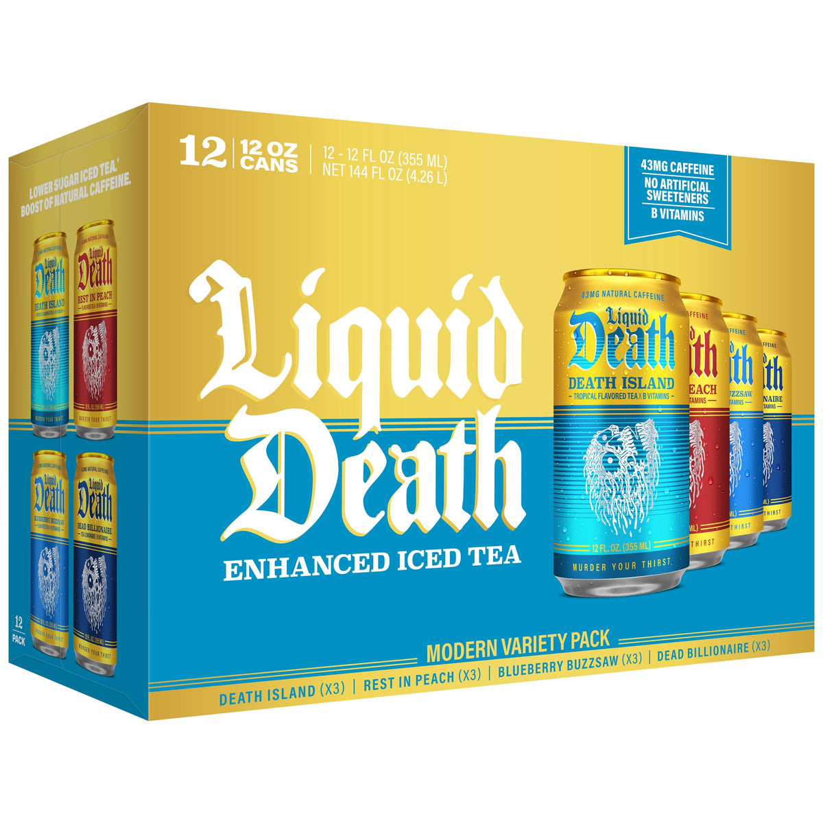 Liquid Death front packaging showing four flavored iced tea cans and variety benefits
