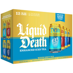 Liquid Death front packaging showing four flavored iced tea cans and variety benefits