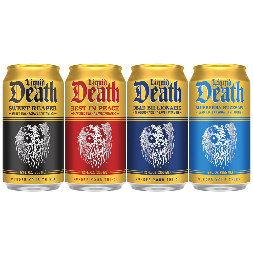 Liquid Death Iced Tea being poured into a glass for a refreshing sip
