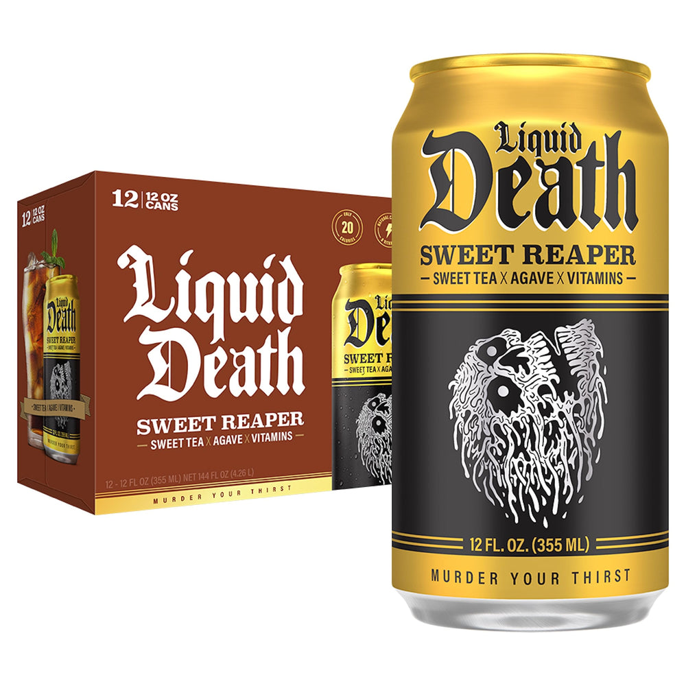 Liquid Death Sweet Reaper bottle – bold black tea flavor with lower sugar.