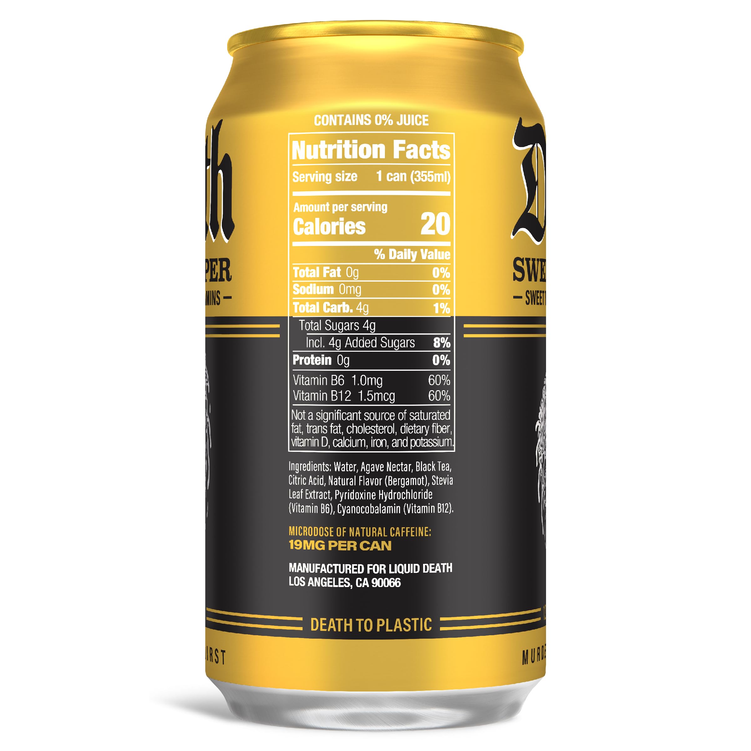 Liquid Death Sweet Reaper can closeup – natural caffeine boost with no artificial sweeteners.
