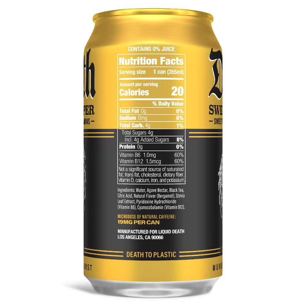 Liquid Death Sweet Reaper can closeup – natural caffeine boost with no artificial sweeteners.