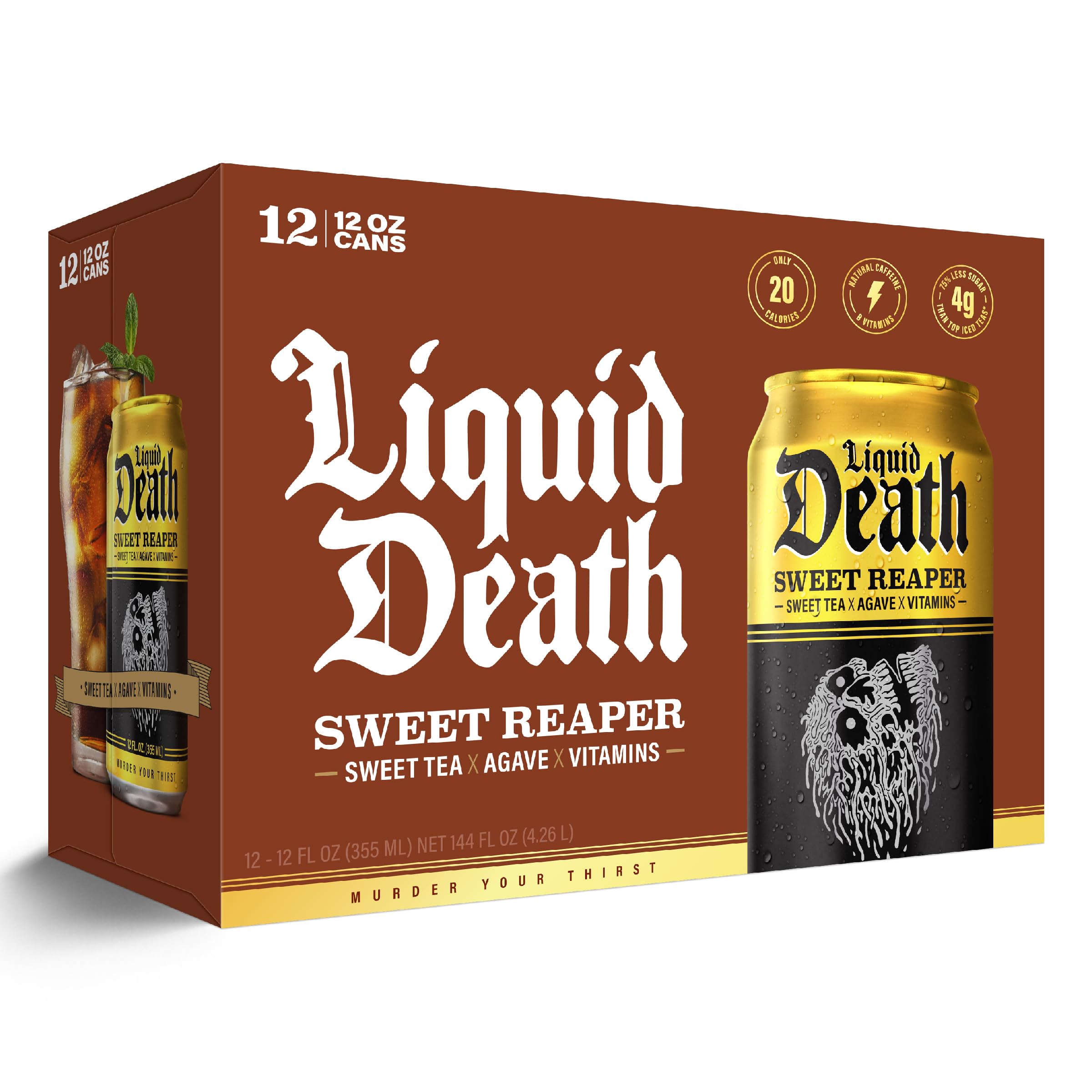 Liquid Death Sweet Reaper store display – eye-catching branding and sugar-conscious choice.