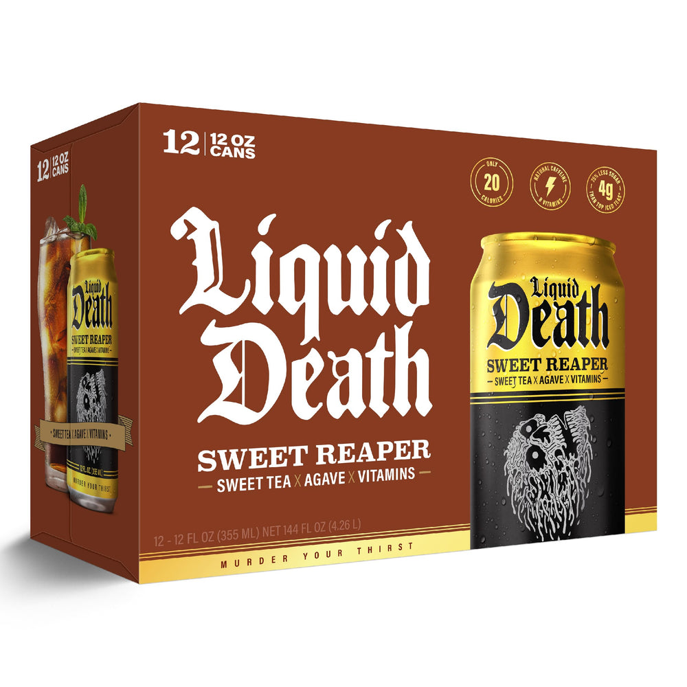 Liquid Death Sweet Reaper store display – eye-catching branding and sugar-conscious choice.