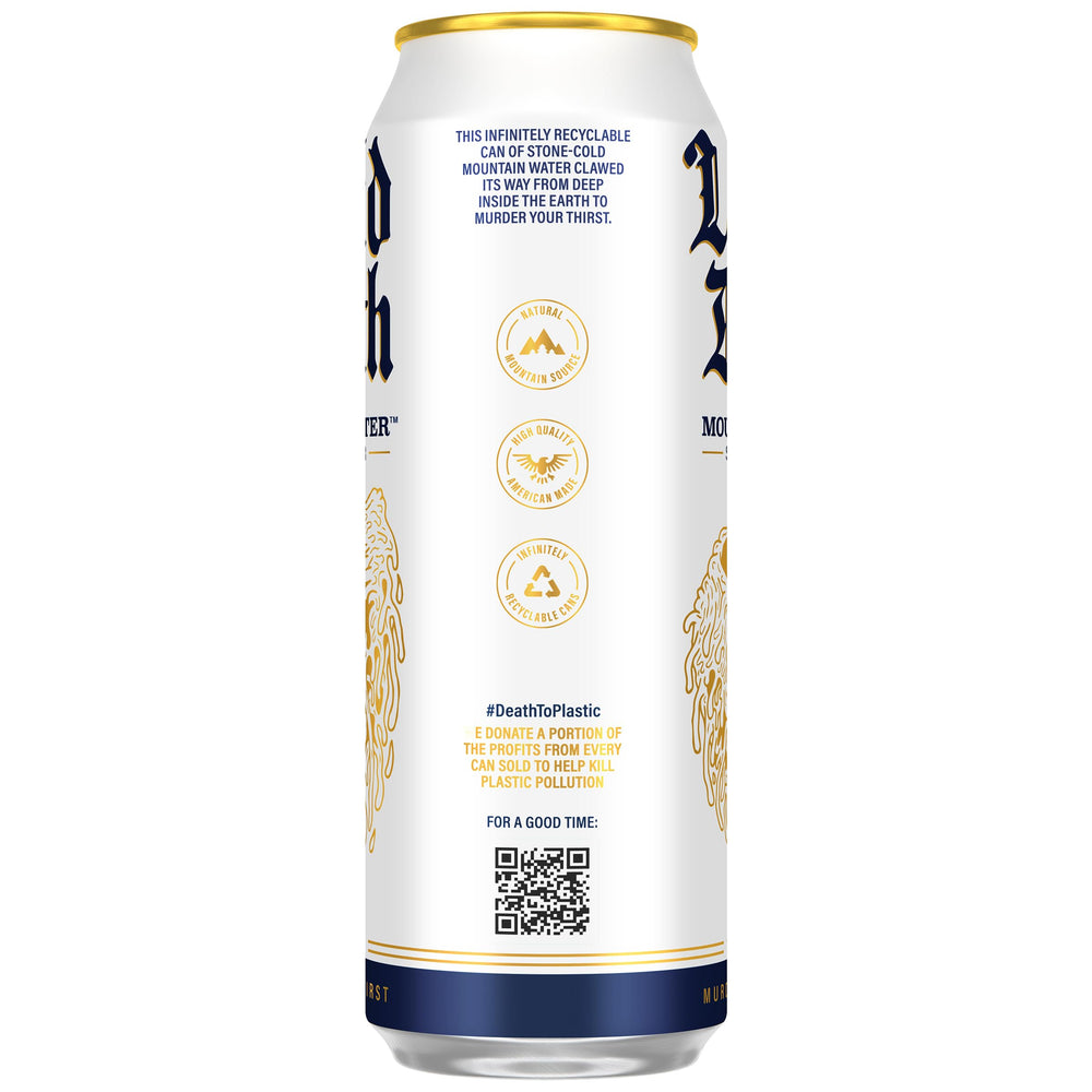 Liquid Death can in hand illustrating 19.2 fl oz size convenience