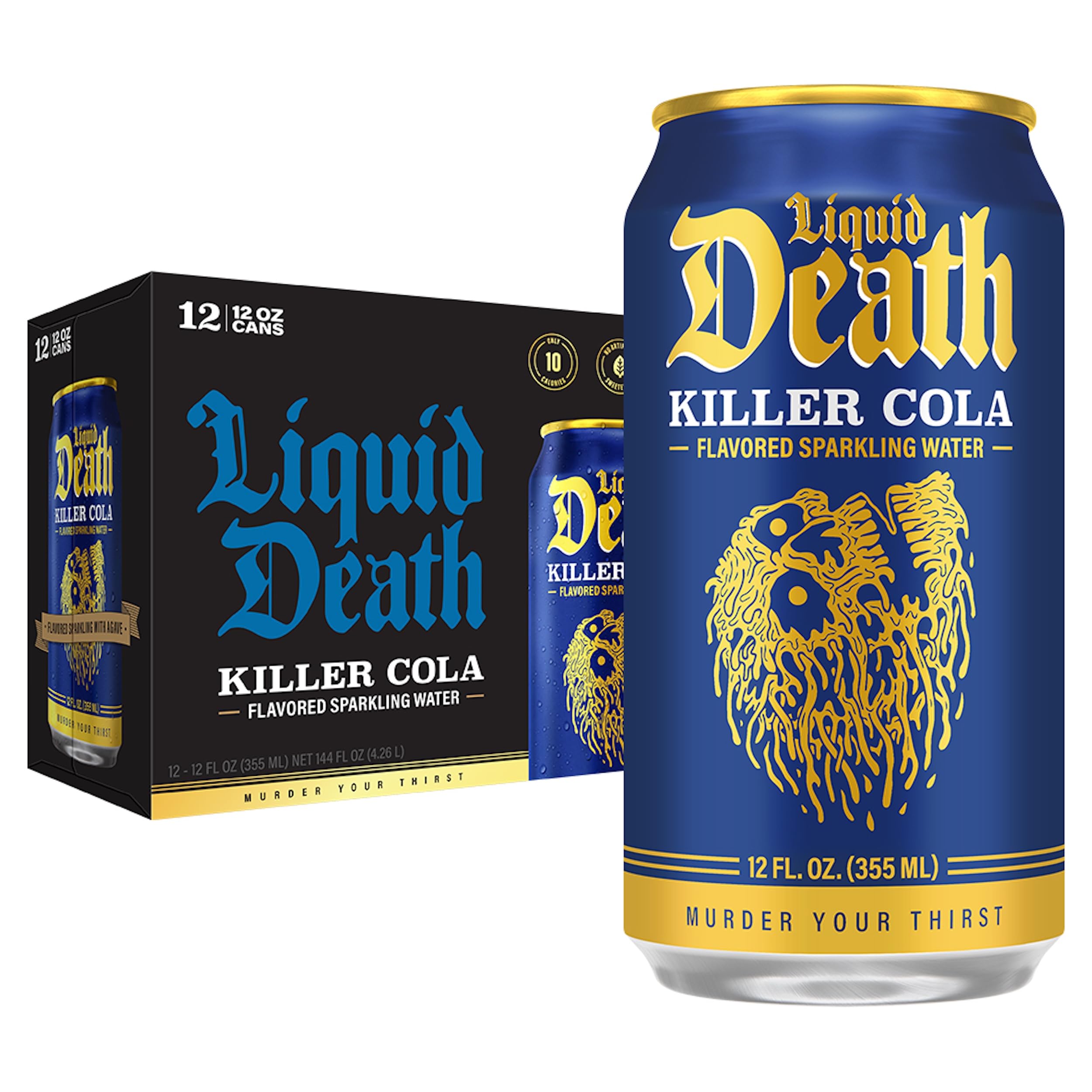 Liquid Death Killer Cola can closeup showing bold label and caffeine-free refreshment