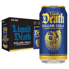 Liquid Death Killer Cola can closeup showing bold label and caffeine-free refreshment
