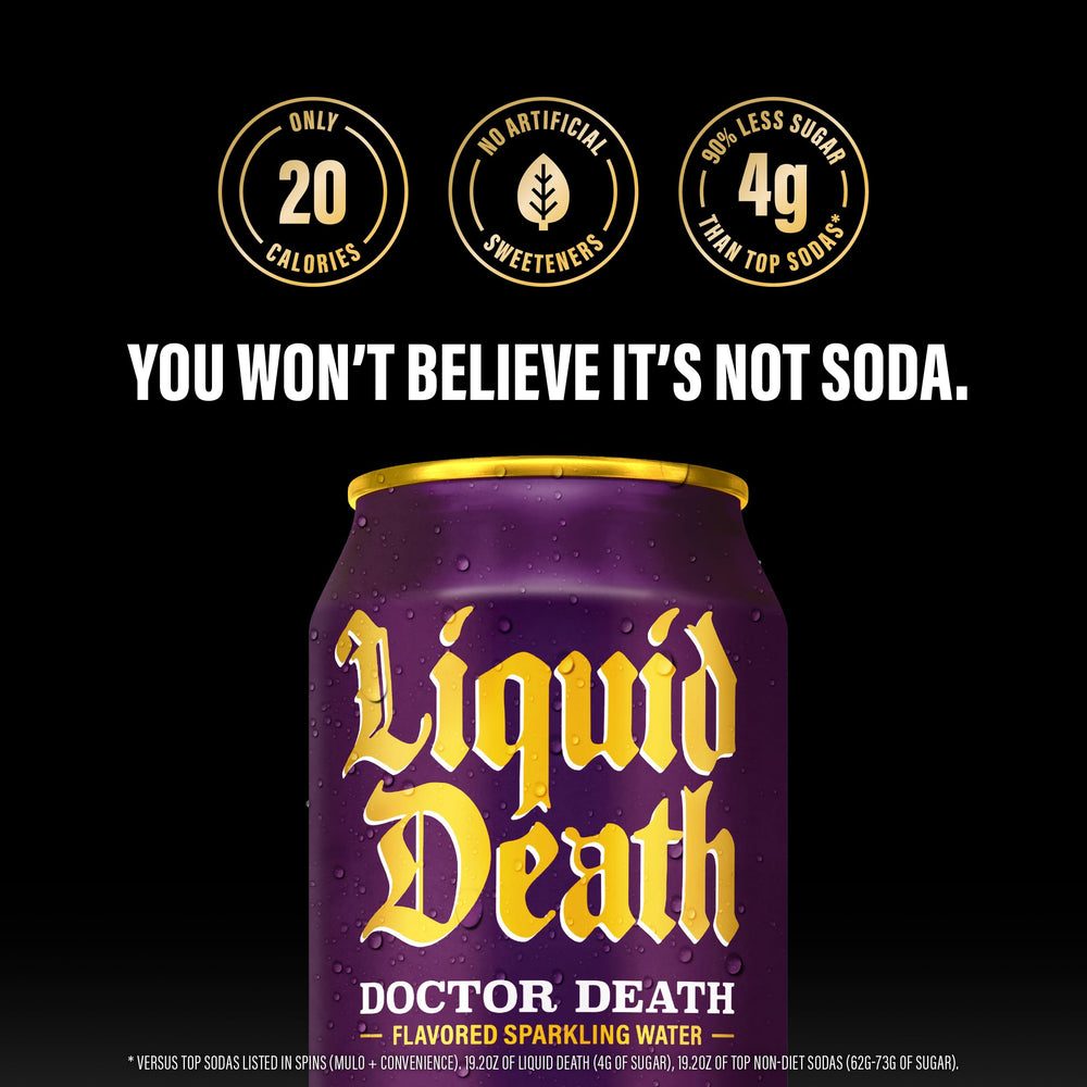 Liquid Death King-size 192oz pack12 display offers big-flavor options for gatherings.