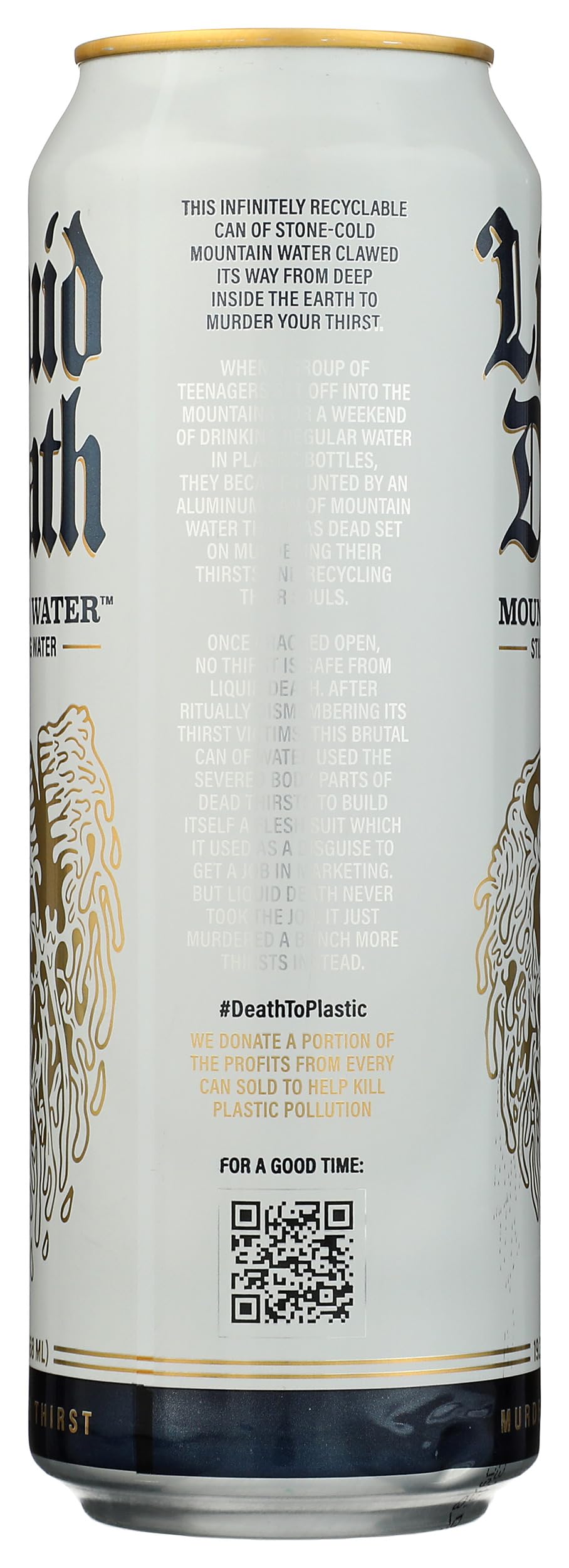 Liquid Death label close-up showing branding and recyclable message