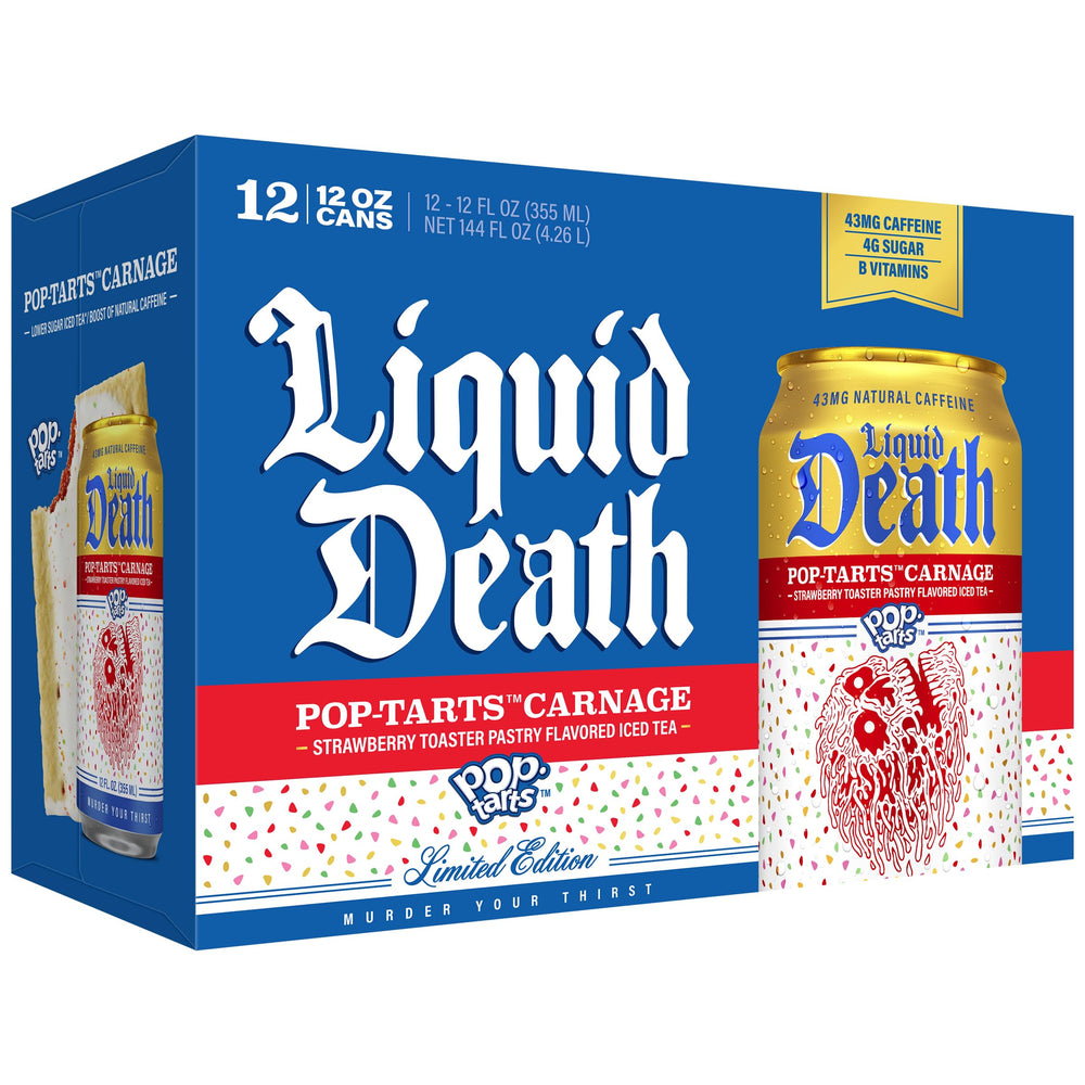 Liquid Death can on picnic blanket conveying dessert-flavored iced tea enjoyment