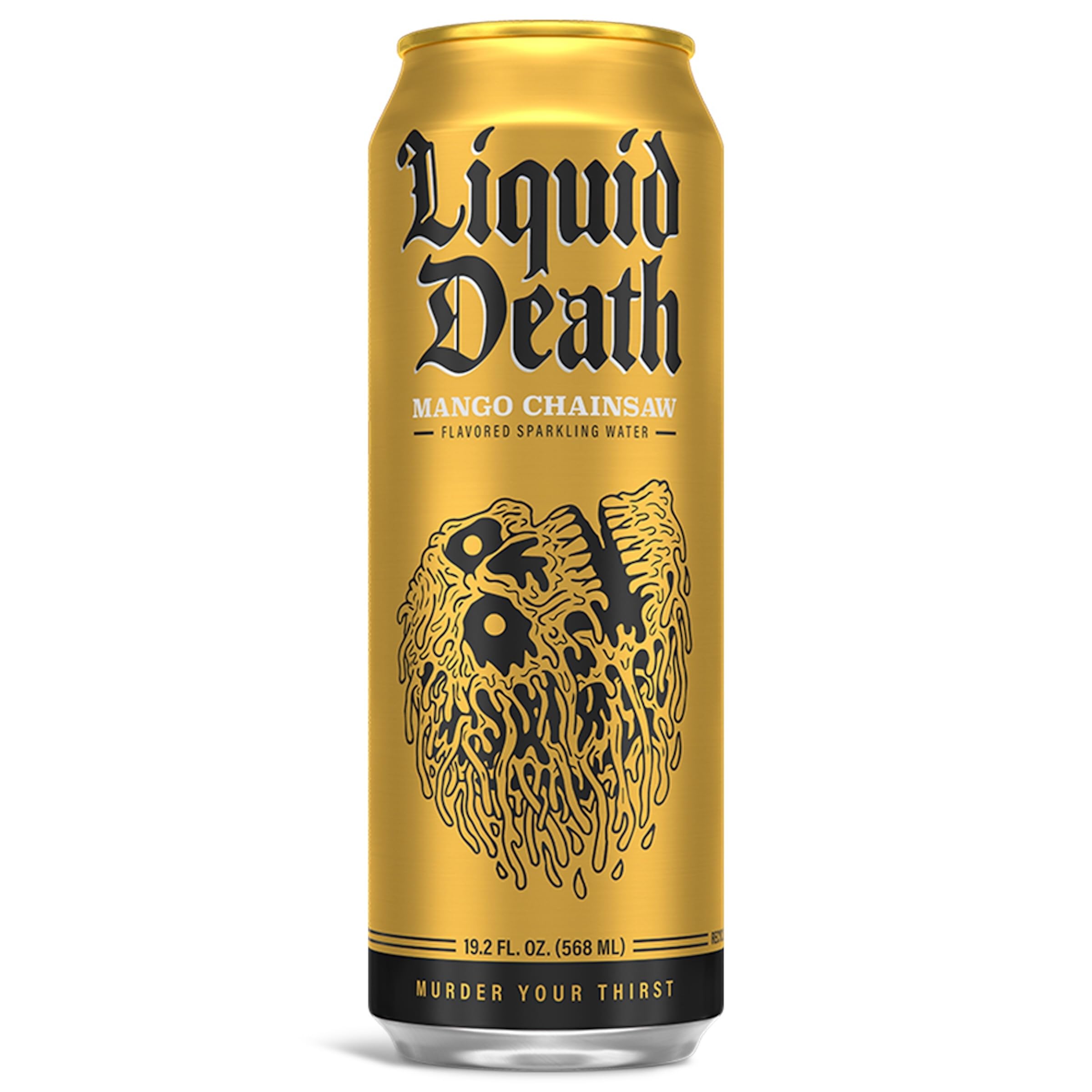 Liquid Death Mango Chainsaw 8-pack box, convenient for gatherings and outdoor activities.