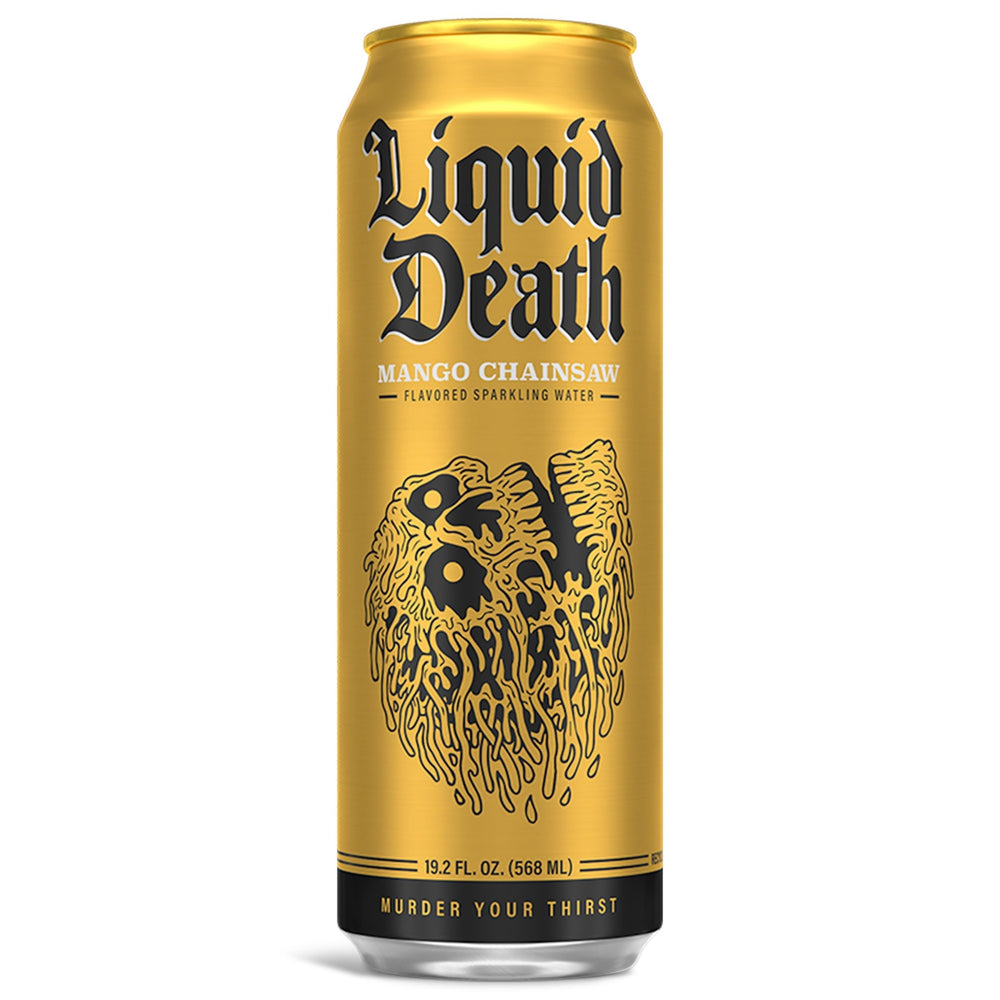 Liquid Death Mango Chainsaw 8-pack box, convenient for gatherings and outdoor activities.