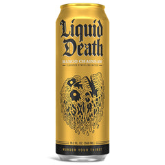 Liquid Death Mango Chainsaw 8-pack box, convenient for gatherings and outdoor activities.