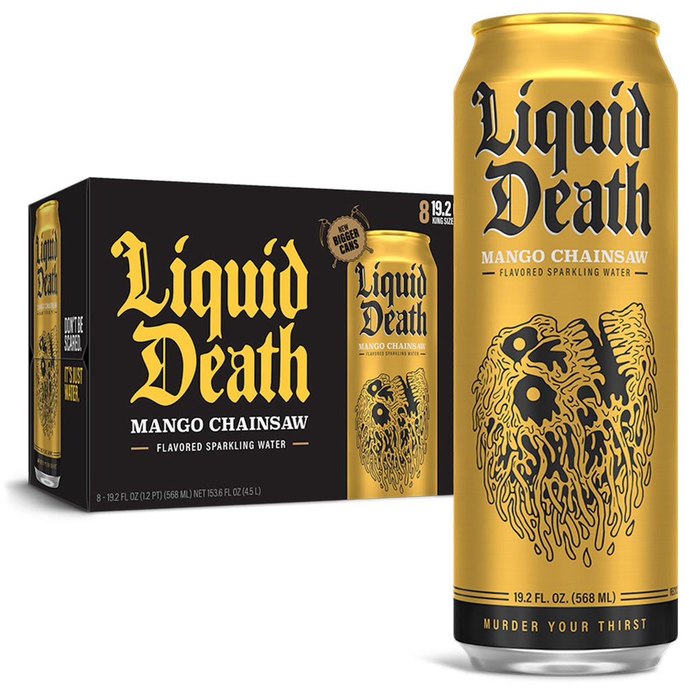 Liquid Death Mango Chainsaw can front, mango-flavored sparkling water for on-the-go refreshment.