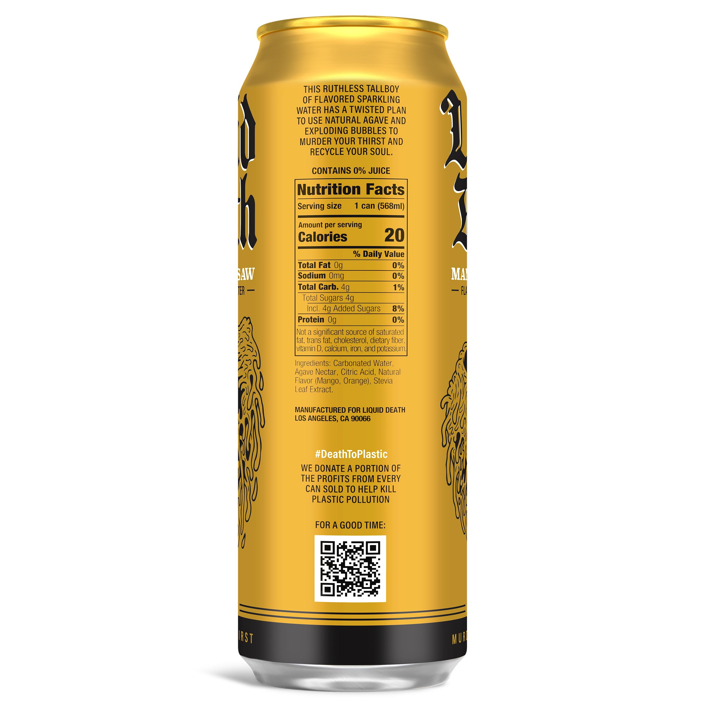 Liquid Death Mango Chainsaw can pour into a glass, ideal for entertaining.