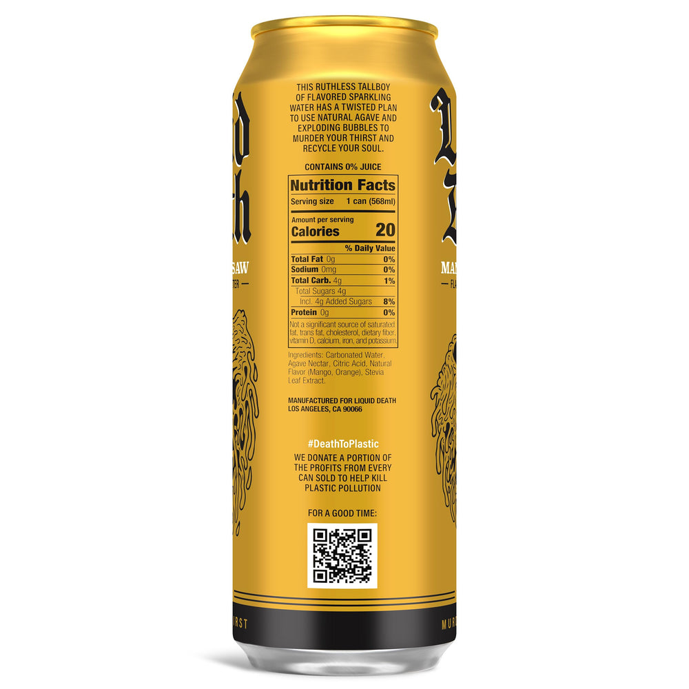 Liquid Death Mango Chainsaw can pour into a glass, ideal for entertaining.