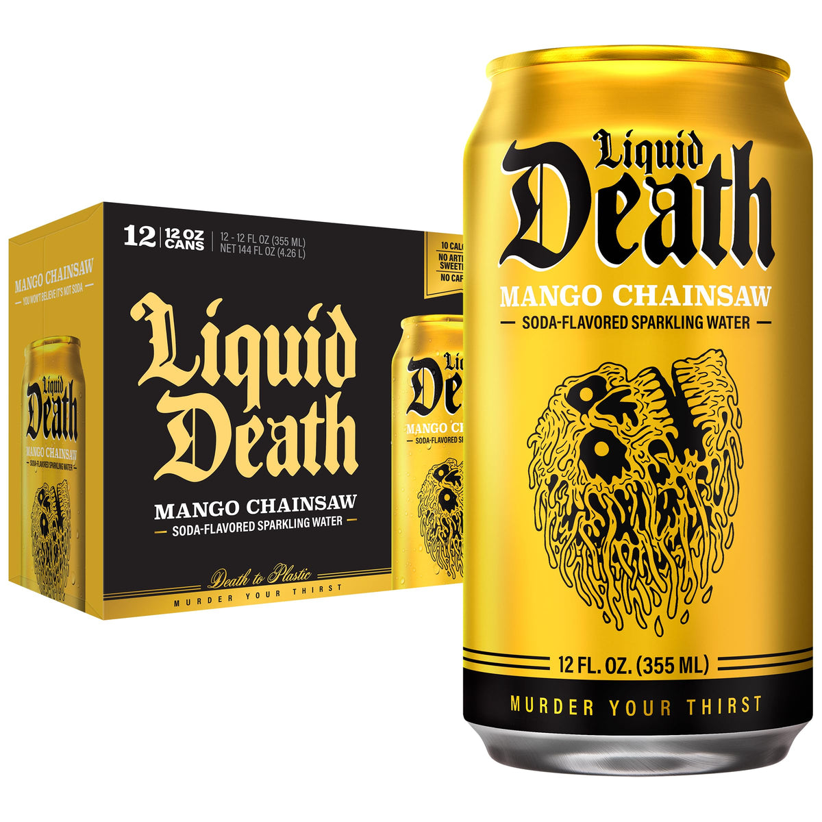 Liquid Death Mango Chainsaw can with bold mango flavor and low sugar.
