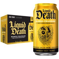 Liquid Death Mango Chainsaw can with bold mango flavor and low sugar.