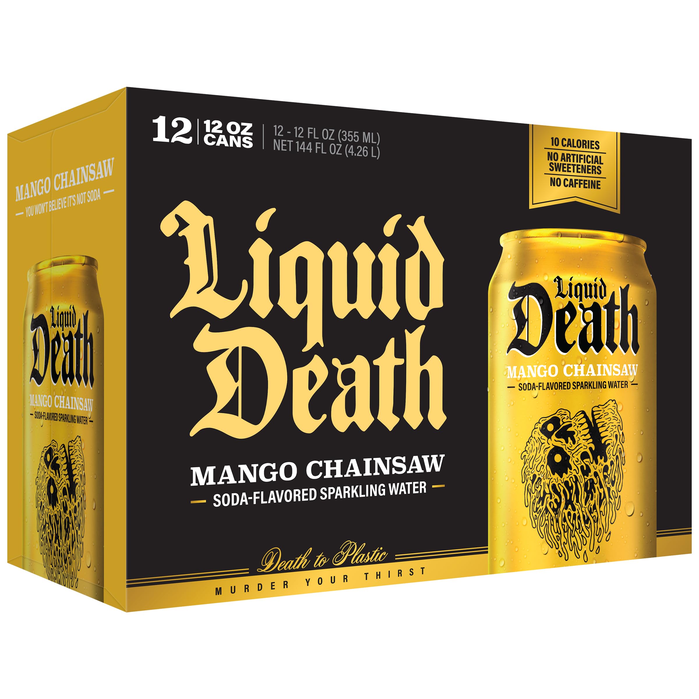 Liquid Death Mango Chainsaw cooler display-ready for parties.