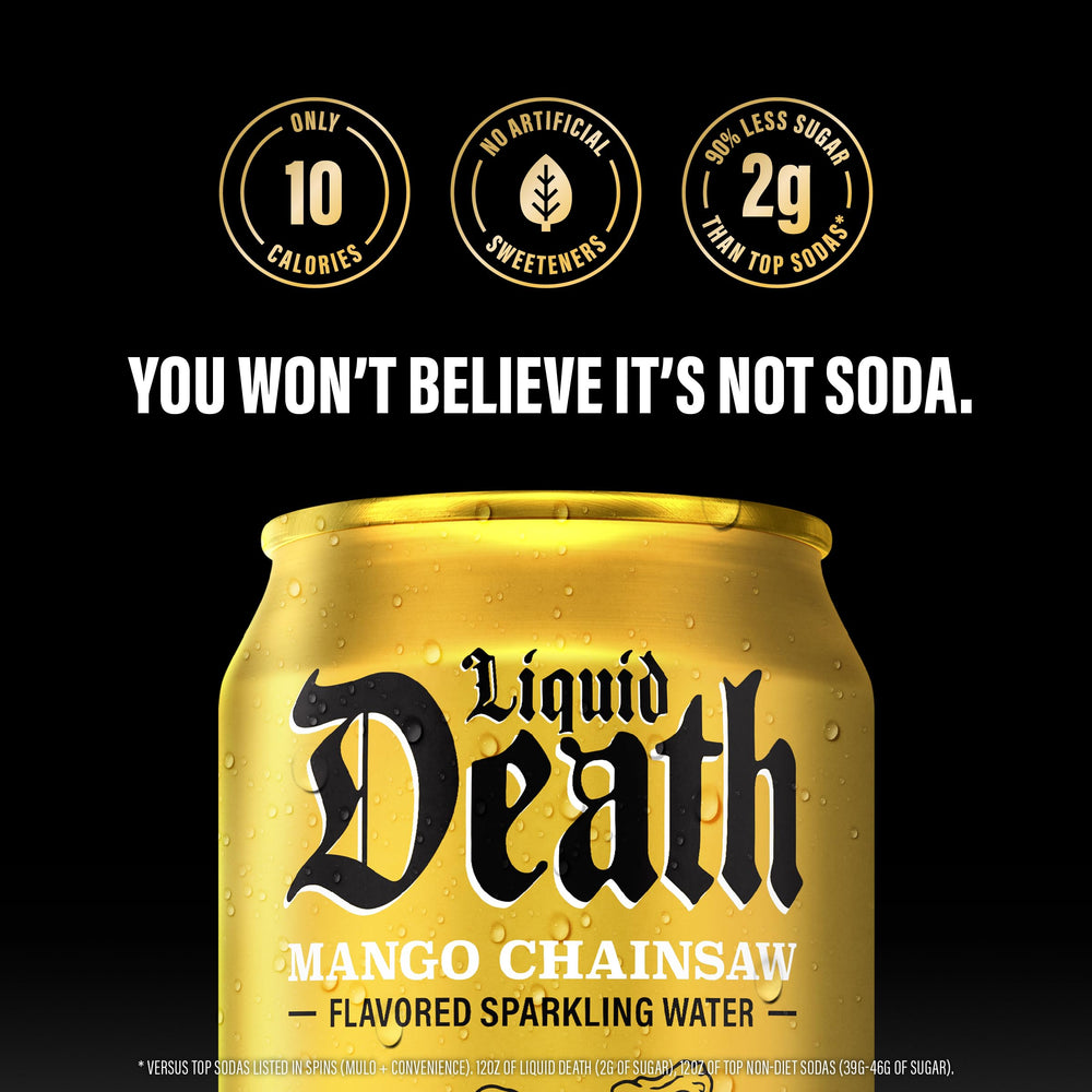 Liquid Death Mango Chainsaw label close-up shows edgy branding and no artificial sweeteners.