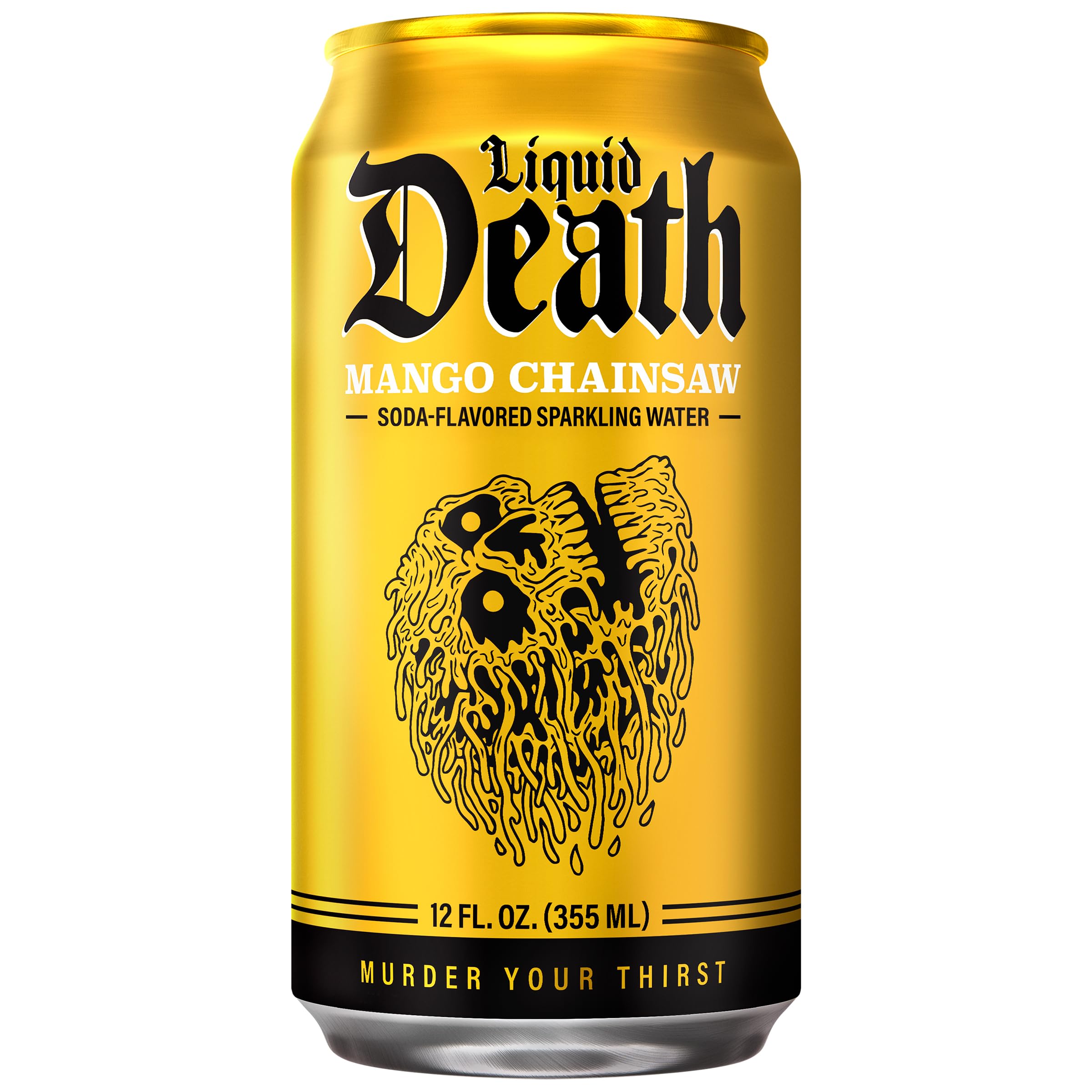 Liquid Death Mango Chainsaw pour captures bubbles and mango notes.