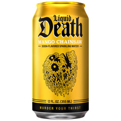 Liquid Death Mango Chainsaw pour captures bubbles and mango notes.
