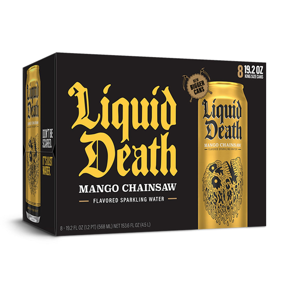 Liquid Death Mango Chainsaw aroma and mango notes invite refreshing sips.