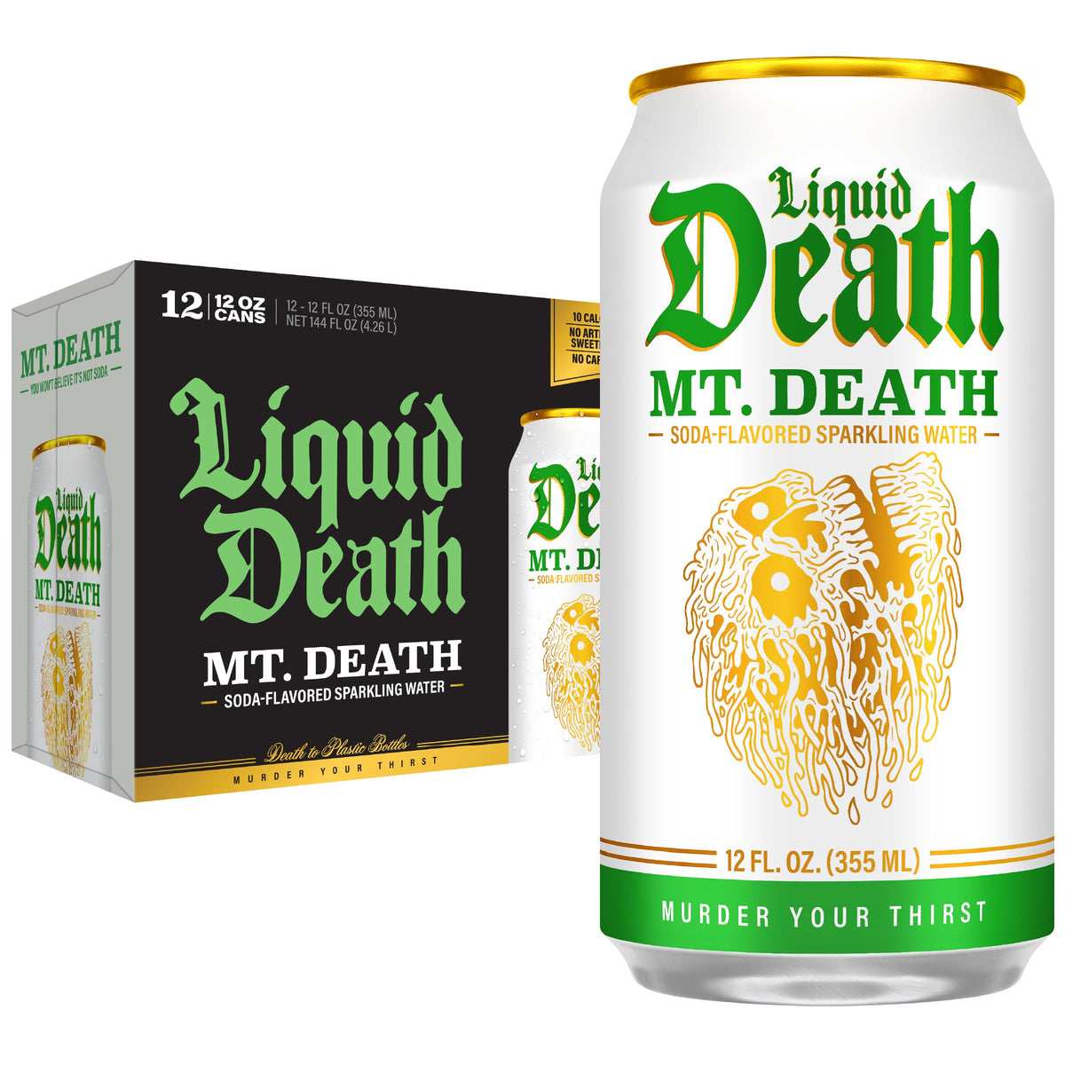 Liquid Death Mt. Death front packaging showing bold can design and portability benefit
