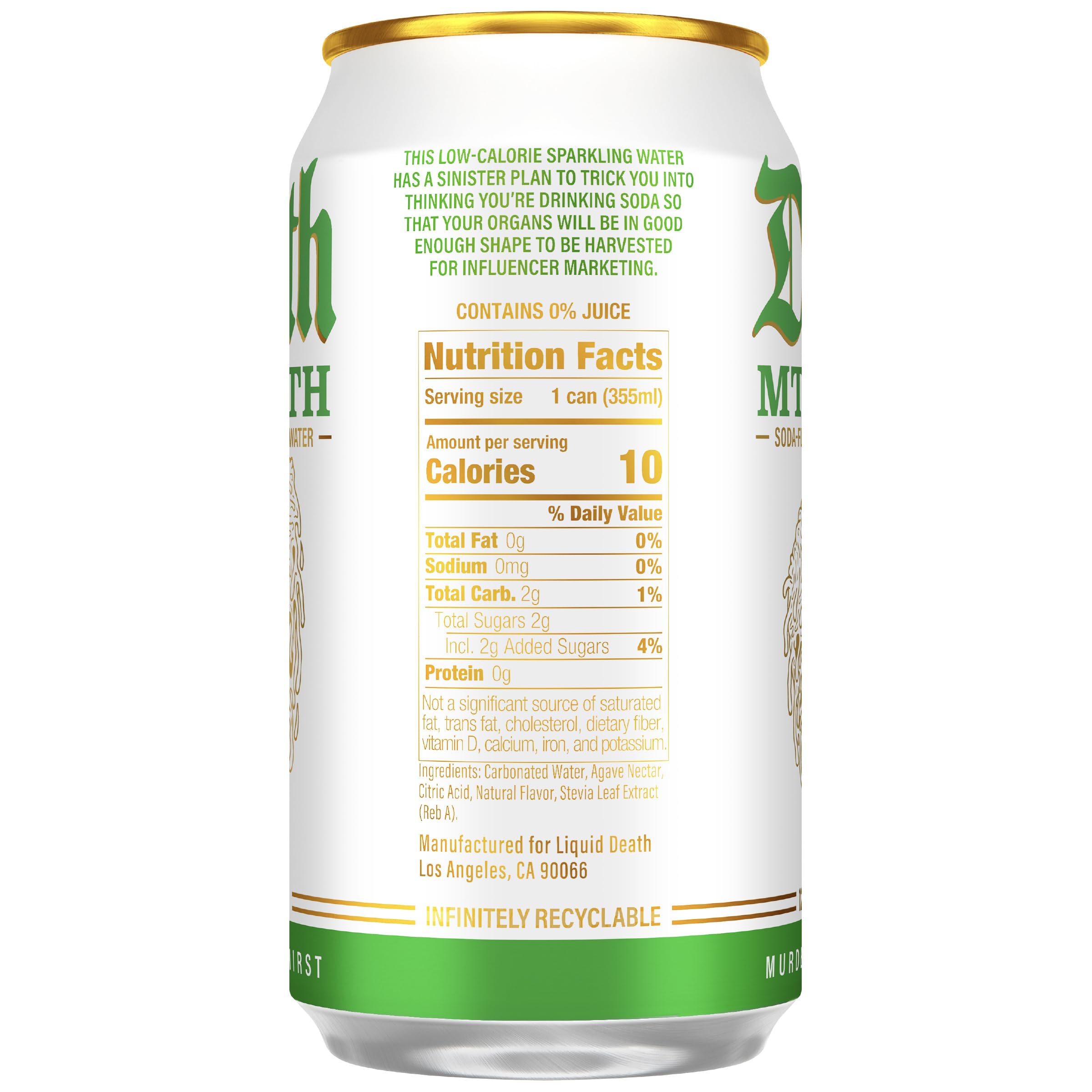 Liquid Death Mt. Death opened can with visible bubbles showing refreshing fizz