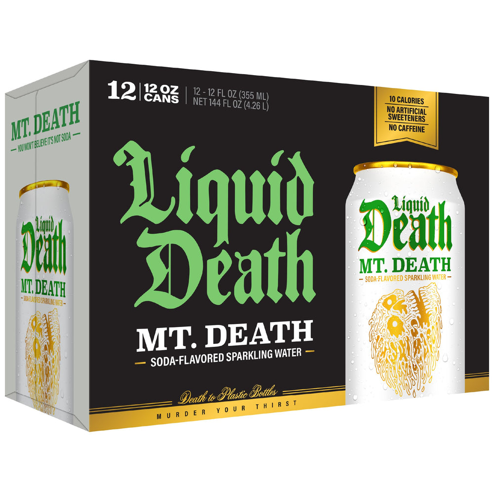 Liquid Death Mt. Death label and kosher seal emphasizing certified quality