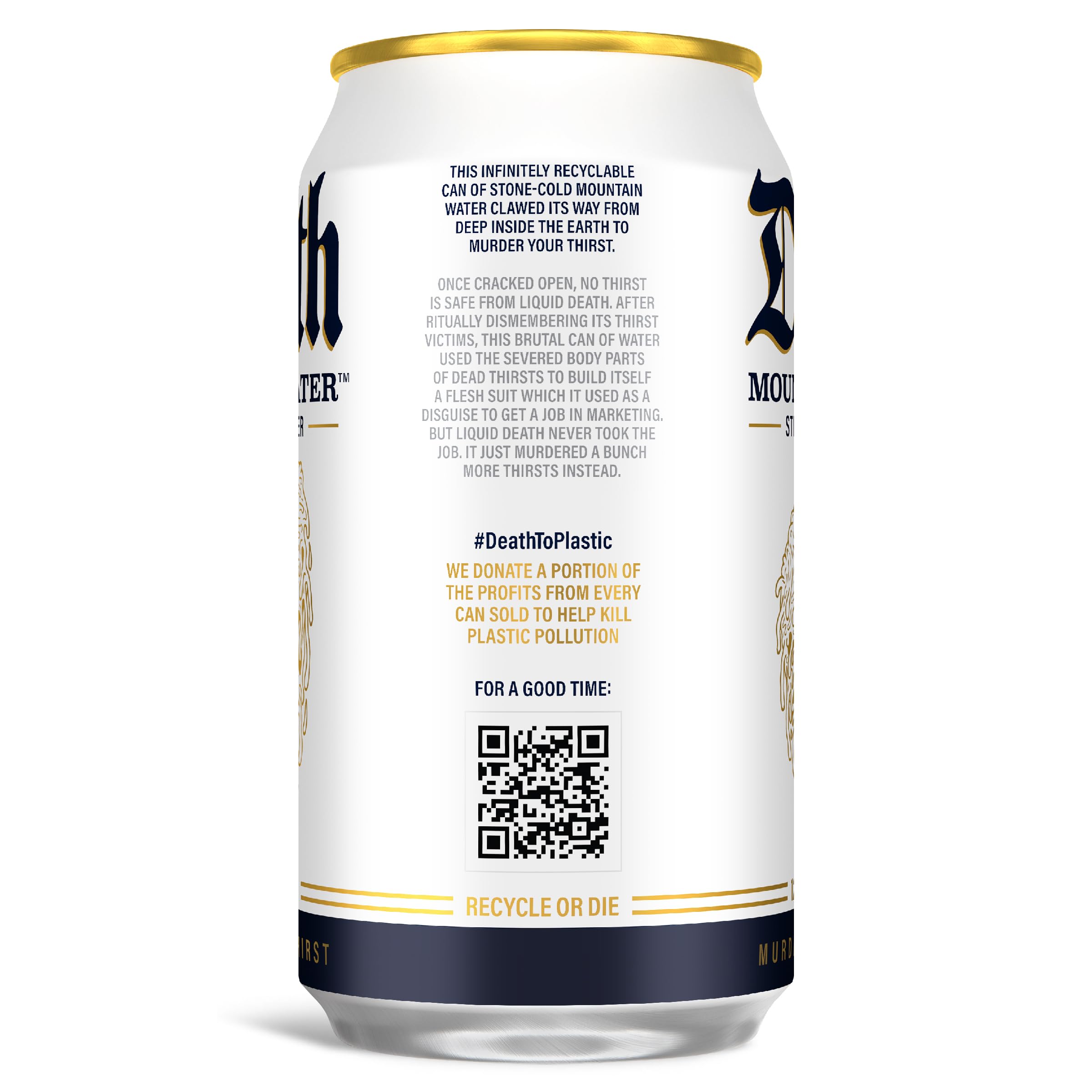 Liquid Death natural mountain source label highlights authentic origin.