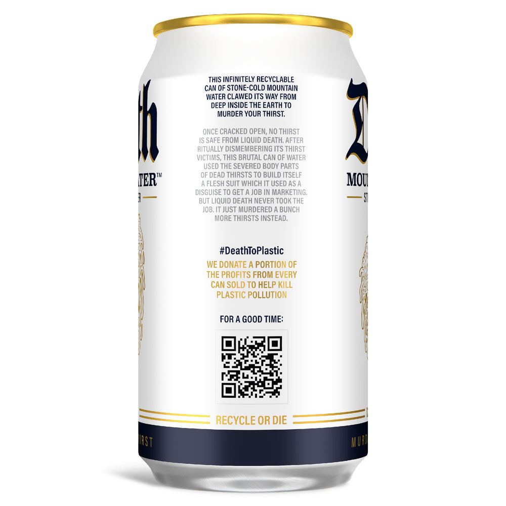 Liquid Death natural mountain source label highlights authentic origin.