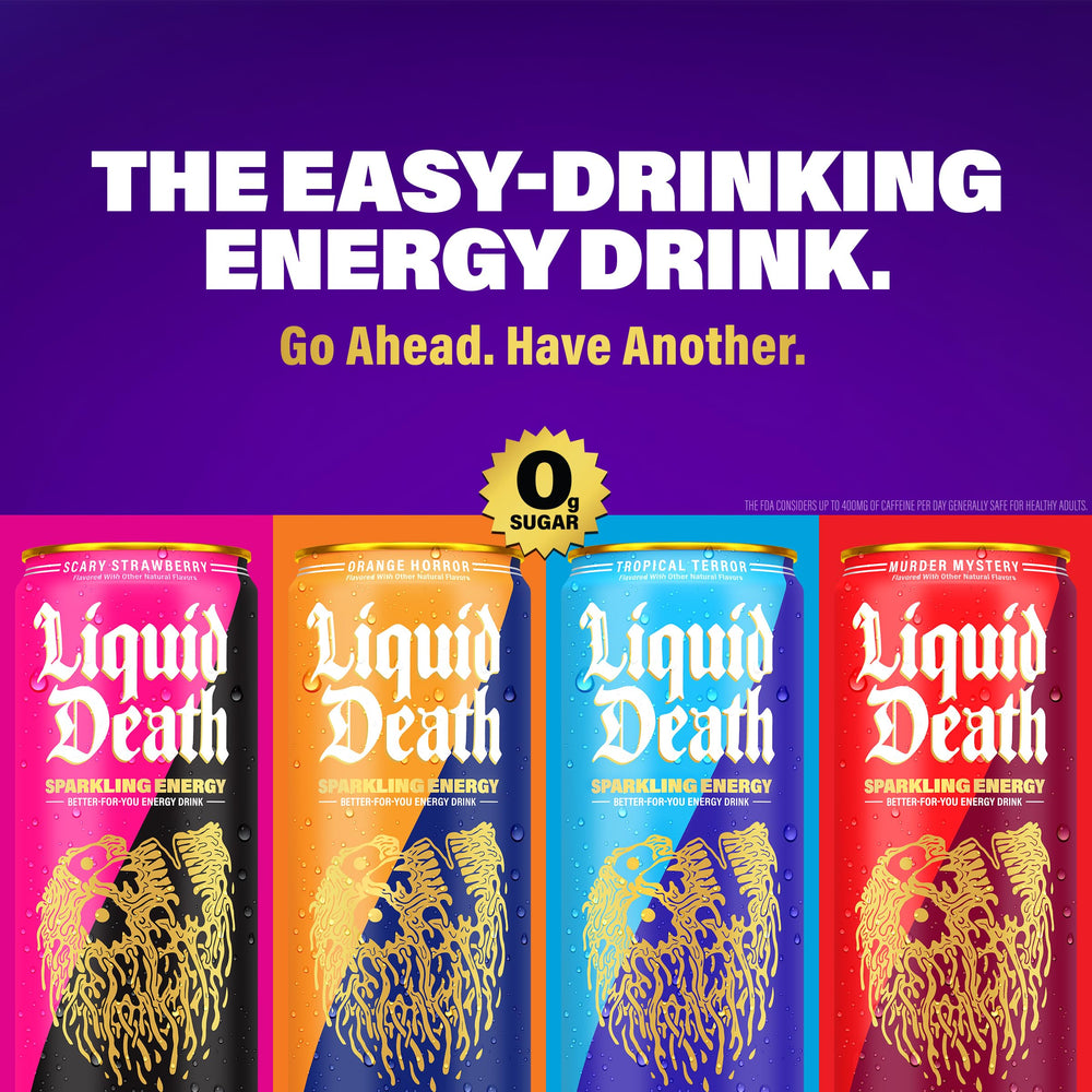 Liquid Death nutrition label close-up showing zero sugar and 100mg caffeine