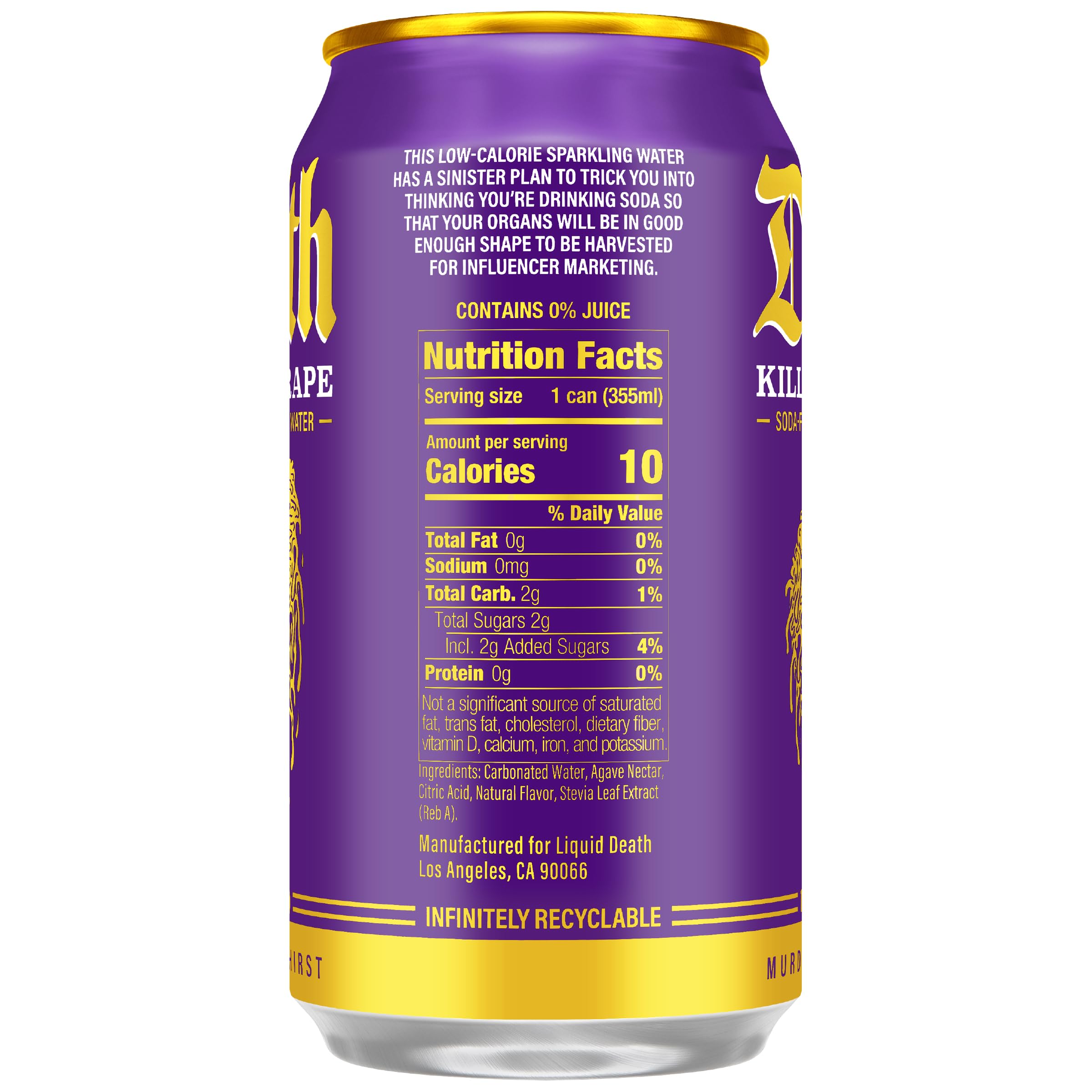Liquid Death open can mid-pour showing clear sparkle and low-sugar option for refreshing serve