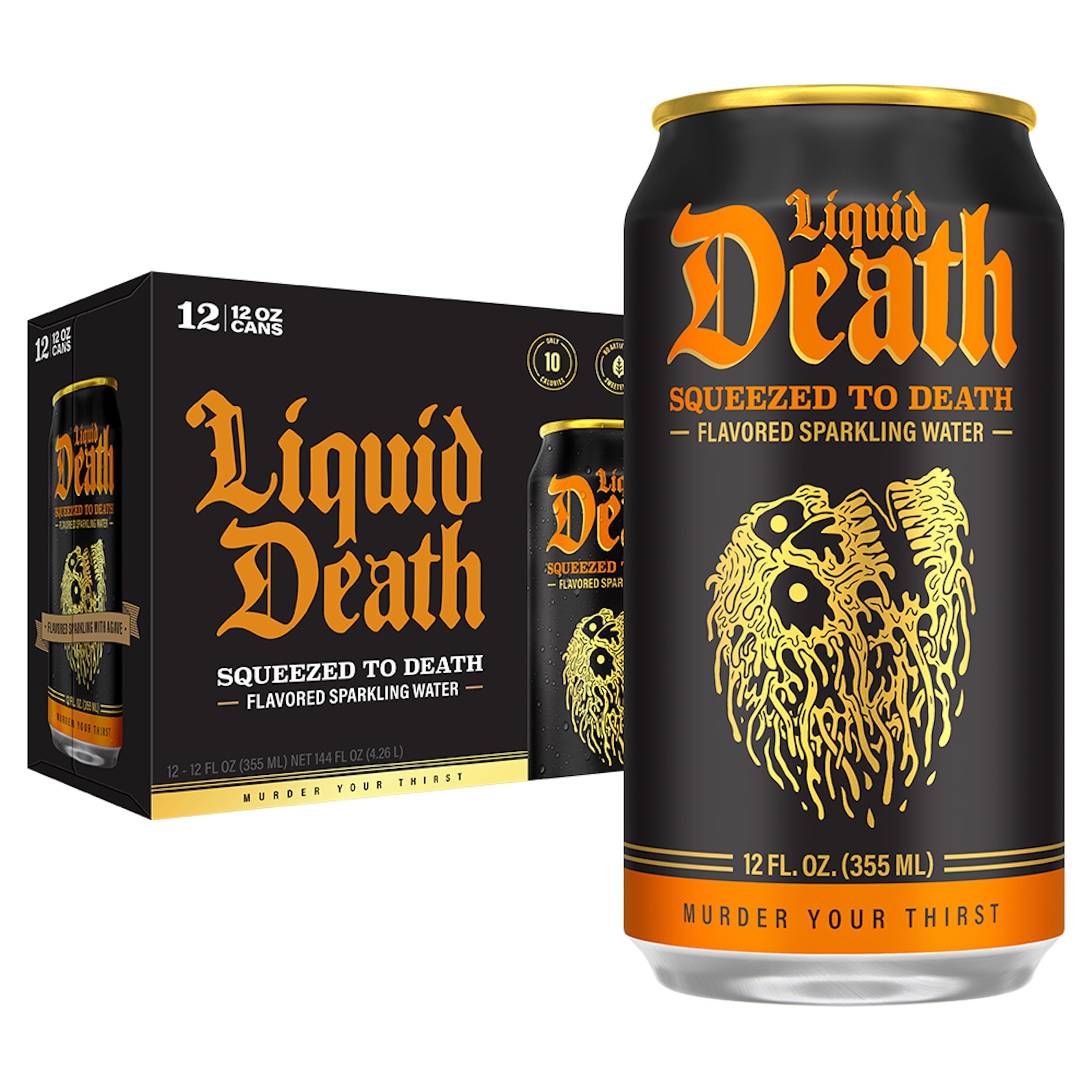 Liquid Death orange soda can closeup highlighting bold flavor and eco-friendly packaging.