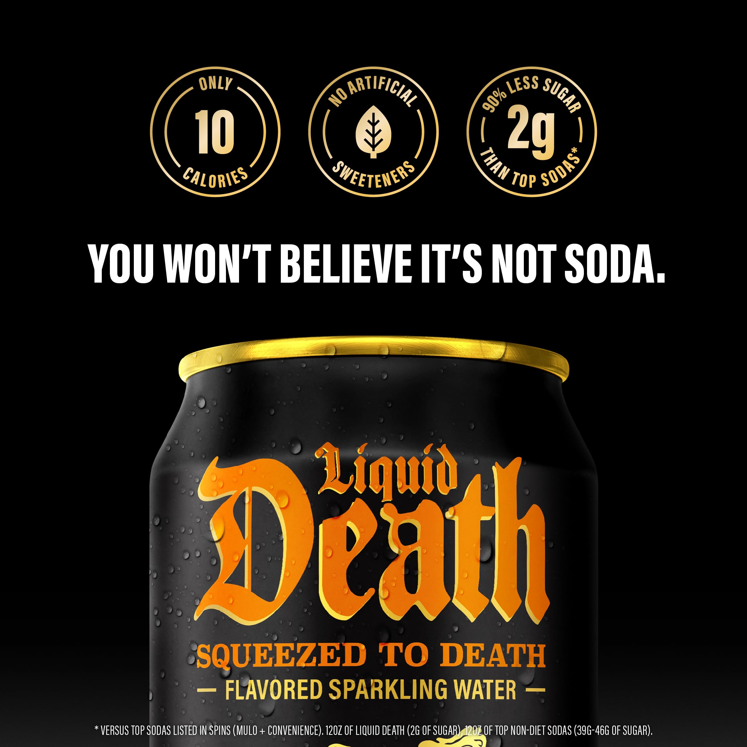 Liquid Death orange soda label detail emphasizing sustainability and branding.