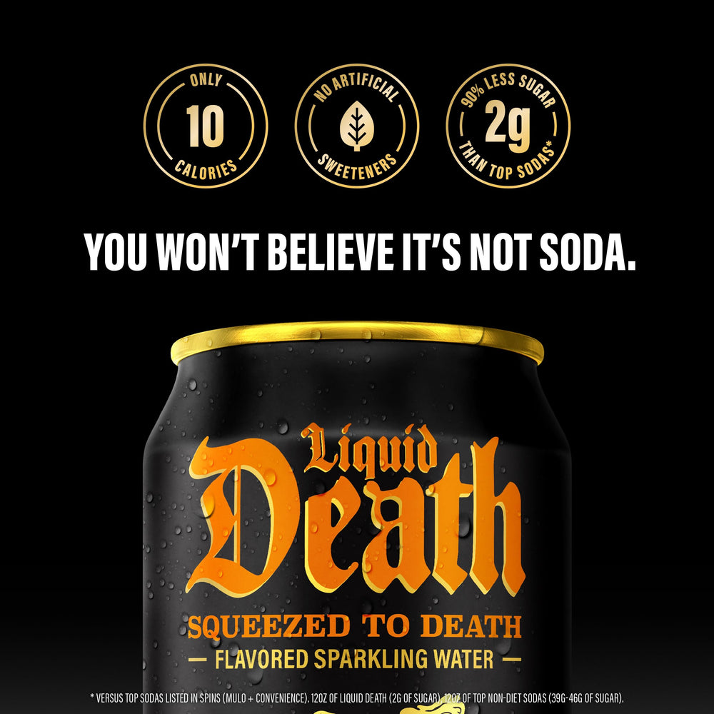 Liquid Death orange soda label detail emphasizing sustainability and branding.