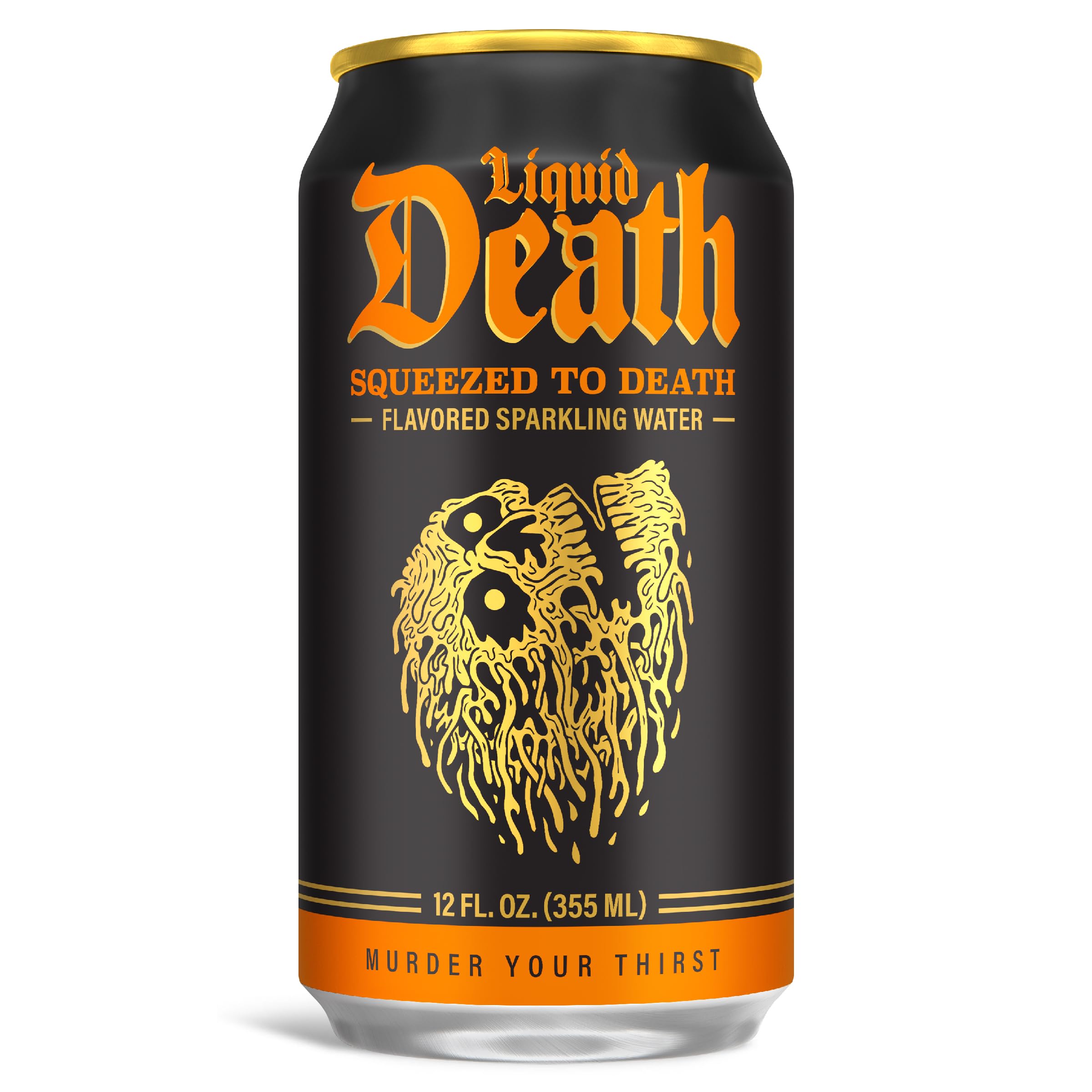 Liquid Death orange soda being poured into a glass showing crisp, refreshing aroma.