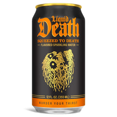 Liquid Death orange soda being poured into a glass showing crisp, refreshing aroma.