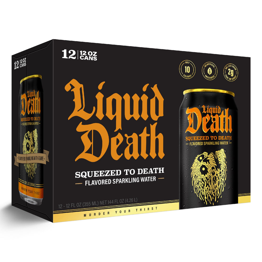 Liquid Death orange soda refresh-ready illustrates versatile, caffeine-free refreshment.