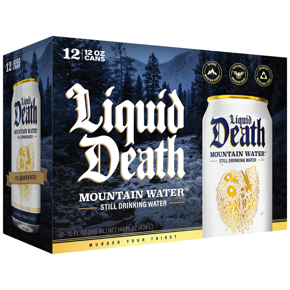 Liquid Death pack 12 display for convenient bulk hydration.