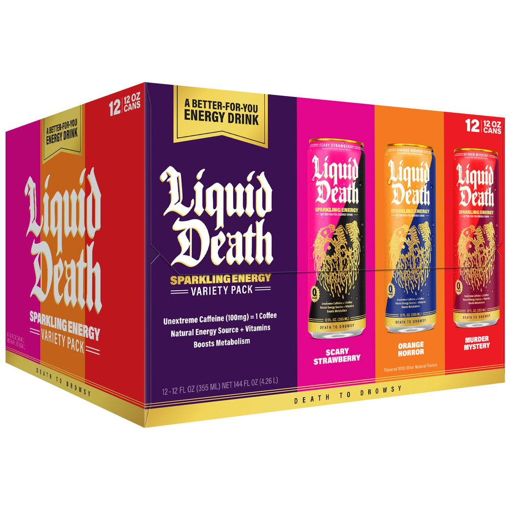 Liquid Death pack front showing three flavor cans and brand for clear choice