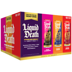 Liquid Death pack front showing three flavor cans and brand for clear choice