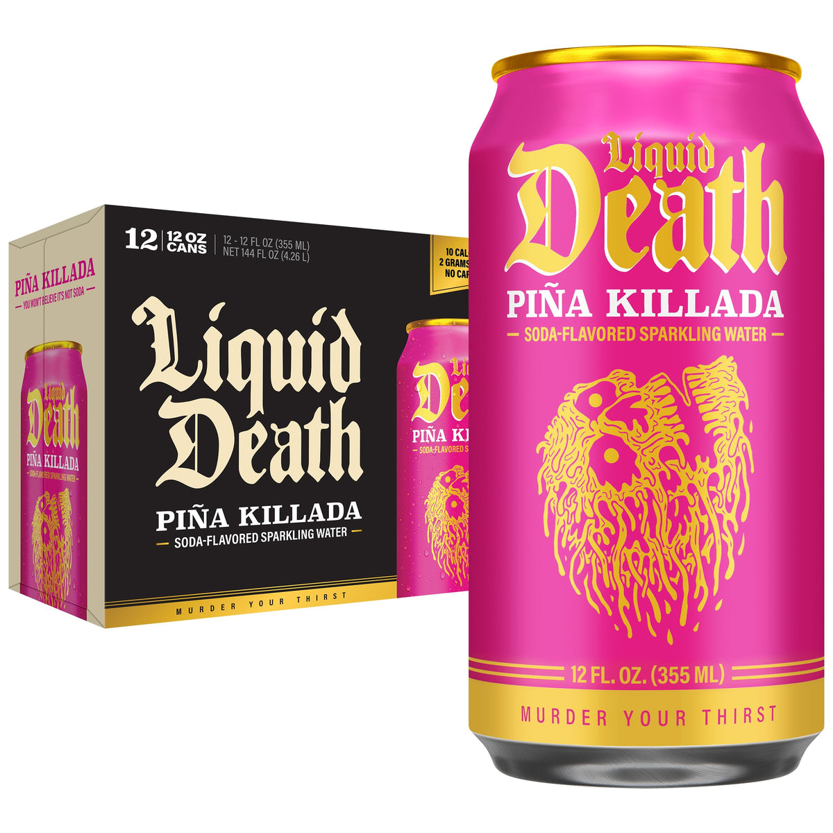 Liquid Death Piña Killada bottle highlights tropical pineapple flavor for refreshing hydration