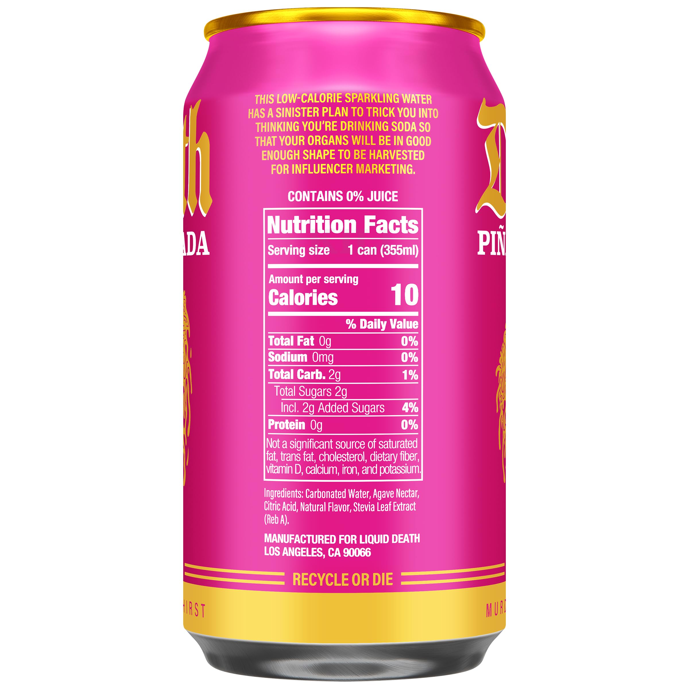 Liquid Death Piña Killada can closeup highlights bold pineapple coconut taste and sparkle