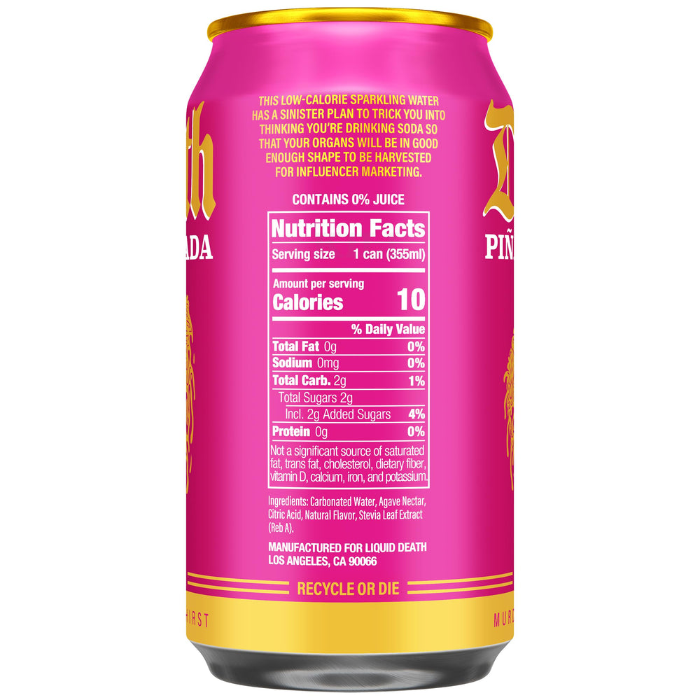 Liquid Death Piña Killada can closeup highlights bold pineapple coconut taste and sparkle